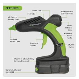Surebonder Professional Battery Powered High Temp Glue Gun Kit, display of the features
