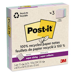 Post-it Recycled Super Sticky Notes - Wanderlust Pastels Collection, 4" x 4", Pkg of 3, Lined - enclosed package