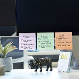 Post-it Recycled Super Sticky Notes - Wanderlust Pastels Collection, 4" x 4", Lined - annotated and stuck to computer on desk