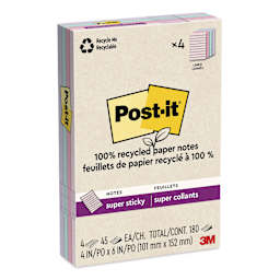 Post-it Recycled Super Sticky Notes - Wanderlust Pastels Collection, 4" x 6", Pkg of 4, Lined - enclosed package