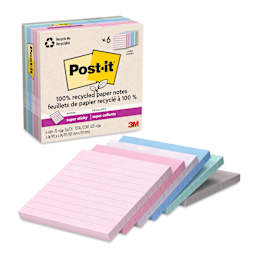 Post-it Recycled Super Sticky Notes - Wanderlust Pastels Collection, 4" x 4", Pkg of 6, Lined