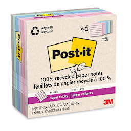 Post-it Recycled Super Sticky Notes - Wanderlust Pastels Collection, 4" x 4", Pkg of 6, Lined enclosed packaging