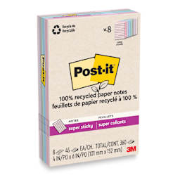 Post-it Recycled Super Sticky Notes - Wanderlust Pastels Collection, 4" x 8", Pkg of 8, Lined enclosed packaging