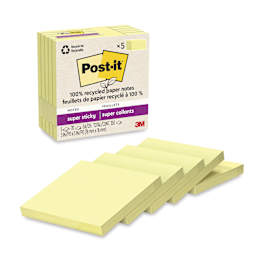 Post-it Recycled Super Sticky Notes - Canary Yellow, 3" x 3", Pkg of 5