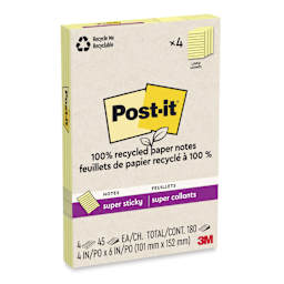Post-it Recycled Super Sticky Notes - Canary Yellow, 4" x 6", Pkg of 4, Lined - enclosed packaging