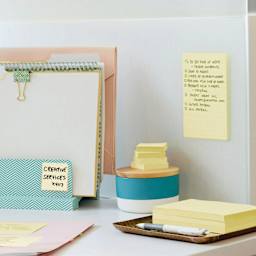 Post-it Recycled Super Sticky Notes - Canary Yellow, 4" x 6", Pkg of 4, Lined - annotated and stuck on desk partition