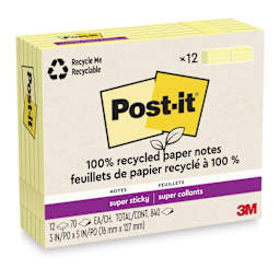 Post-it Recycled Super Sticky Notes - Canary Yellow, 3" x 5", Pkg of 12 - enclosed packaging