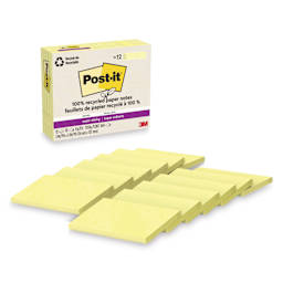 Post-it Recycled Super Sticky Notes - Canary Yellow, 3" x 5", Pkg of 12