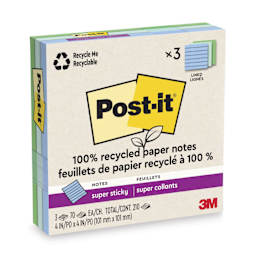 Post-it Recycled Super Sticky Notes - Oasis Collection, 4" x 4", Pkg of 3, Lined - enclosed packaging