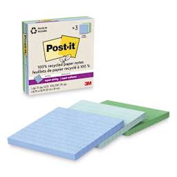 Post-it Recycled Super Sticky Notes - Oasis Collection, 4" x 4", Pkg of 3, Lined