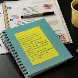 Post-it Recycled Super Sticky Notes - Oasis Collection, 4" x 6", Lined - annotated and stuck to notebook
