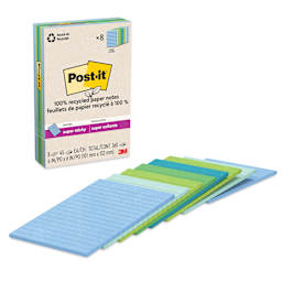 Post-it Recycled Super Sticky Notes - Oasis Collection, 4" x 6", Pkg of 8, Lined