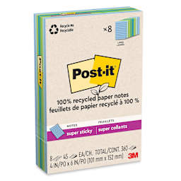 Post-it Recycled Super Sticky Notes - Oasis Collection, 4" x 6", Pkg of 8, Lined enclosed packaging