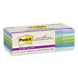 Post-it Recycled Super Sticky Notes - Oasis Collection, 3" x 3", Pkg of 12 - enclosed packaging