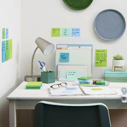Post-it Recycled Super Sticky Notes - Oasis Collection - annotated and stuck to walls and files on desk