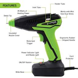 Surebonder Professional Motorized Mini High Temp Glue Gun - with features labelled