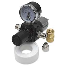 Iwata Moisture Filter Pressure Regulator - Front view showing gauge with tape, adaptors adjacent