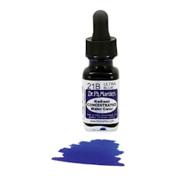 Dr. Ph. Martin's Radiant Concentrated Individual Watercolor - 1/2 oz, Ultra Blue - color sample in front of bottle