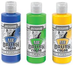 Jacquard Airbrush Paints - Front view of Blue, Green, and Yellow bottles
