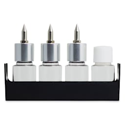 Airbrush Accessories - 4 plastic bottles in stand, 1 with plain cap, 3 with Airbrush attachment caps
