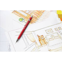 Blick Essentials Mechanical Pencil - Red, 0.9 mm (pencil laying on a drawing of a room)