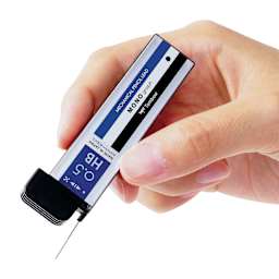 Tombow Mono Graph Lead Refills - HB, case in hand shaking one lead piece out