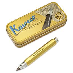 Kaweco Sketch Up Clutch Pencil - Brass, 5.6 mm, 5B, pencil next to the packaging