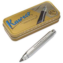 Kaweco Sketch Up Clutch Pencil - Chrome, 5.6 mm, 5B, pencil next to the packaging