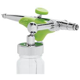Grex Genesis Ergonomic Airbrushes - Closeup of Siphon Bottle attached to Side Feed Airbrush