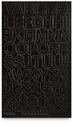 Chartpak Vinyl Letters - Top view of sheet of Black letters and numbers