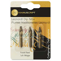 Manuscript Leonardt Dip Pen Nibs - Round Hand Left Oblique, Set of 3, front of packaging
