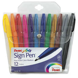 Pentel Arts Sign Pens - Front of clear pouch holding set of 12 Assorted colors
