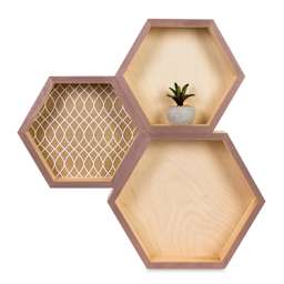 Walnut Hollow Pine Hexagons - 2 Small, 1 Large decorated Hexagons in honeycomb arrangement
