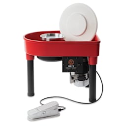 Skutt Red Classic Pottery Wheel - 1/3 HP w/ SSX Controller Pedal with splash pan lifted up off wheel head
