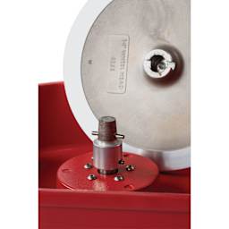 Skutt Red Classic Pottery Wheel - 1/3 HP w/ SSX Controller Pedal with splash pan and wheel head lifted, close-up