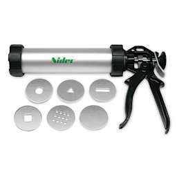 Side view of Nidec Shimpo Handheld Extruder with 5 dies and 1 blank die adjacent