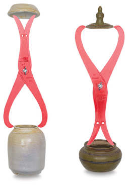 Amaco Lid Master - 2 shown, measuring the inside and outside of 2 pots and their lids