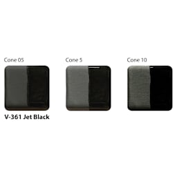 Amaco Lead-Free Velvet Underglaze - Jet Black cone 05, cone 5, and cone 10 comparison