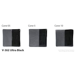 Amaco Lead-Free Velvet Underglaze - Ultra Black cone 05, cone 5, and cone 10 comparison