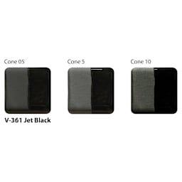 Amaco Lead-Free Velvet Underglaze - Jet Black cone 05, cone 5, and cone 10 comparison