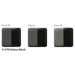 Amaco Lead-Free Velvet Underglaze - Velour Black cone 05, cone 5, and cone 10 comparison