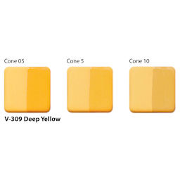 Amaco Lead-Free Velvet Underglaze - Deep Yellow cone 05, cone 5, and cone 10 comparison