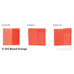Amaco Lead-Free Velvet Underglaze - Blood Orange cone 05, cone 5, and cone 10 comparison