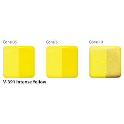 Amaco Lead-Free Velvet Underglaze - Intense Yellow cone 05, cone 5, and cone 10 comparison