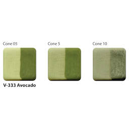 Amaco Lead-Free Velvet Underglaze - Avocado, 2 oz cone 05, cone 5, and cone 10 comparison
