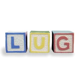 Blocks spelling out "LUG", glazed with Amaco LUG Liquid Underglaze.
