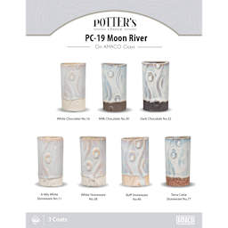 Moon River Amaco Potter's Choice Glaze - 3 coats applied to Applied to White Chocolate, Milk Chocolate, Dark Chocolate, A-Mix White Stoneware, White Stoneware, Buff Stoneware, and Terra Cotta Stoneware clays.
