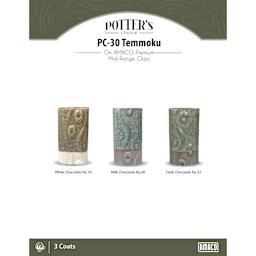 Temmoku Amaco Potter's Choice Glaze - 3 coats applied to Applied to White Chocolate No. 16 clay; Milk Chocolate No. 30 clay; and Dark Chocolate No. 32 clay.
