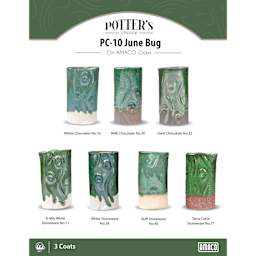 Junebug Amaco Potter's Choice Glaze - 3 coats applied to Applied to White Chocolate, Milk Chocolate, Dark Chocolate, A-Mix White Stoneware, White Stoneware, Buff Stoneware, and Terra Cotta Stoneware clays.