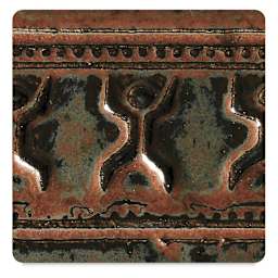 Amaco Potter's Choice Glazes - Ancient Jasper, PC-53. Color sample in green-copper contrast colors.
